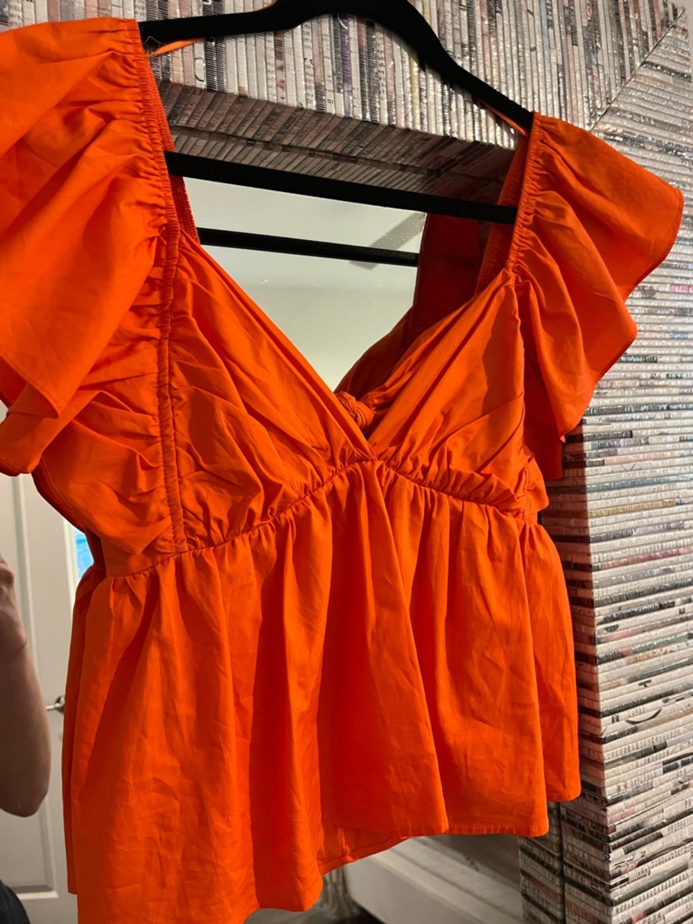 Bright Orange V-Neck Peplum Blouse with Ruffle Sleeves